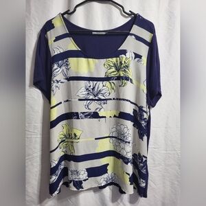 Ricki's Navy and Yellow Floral Striped Tee,  Size XXL